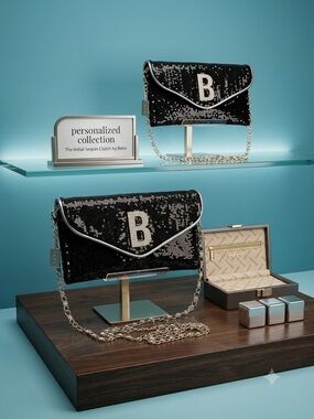 Bebe Black Sequin Initial Clutch with Shoulder Strap "B' NEW